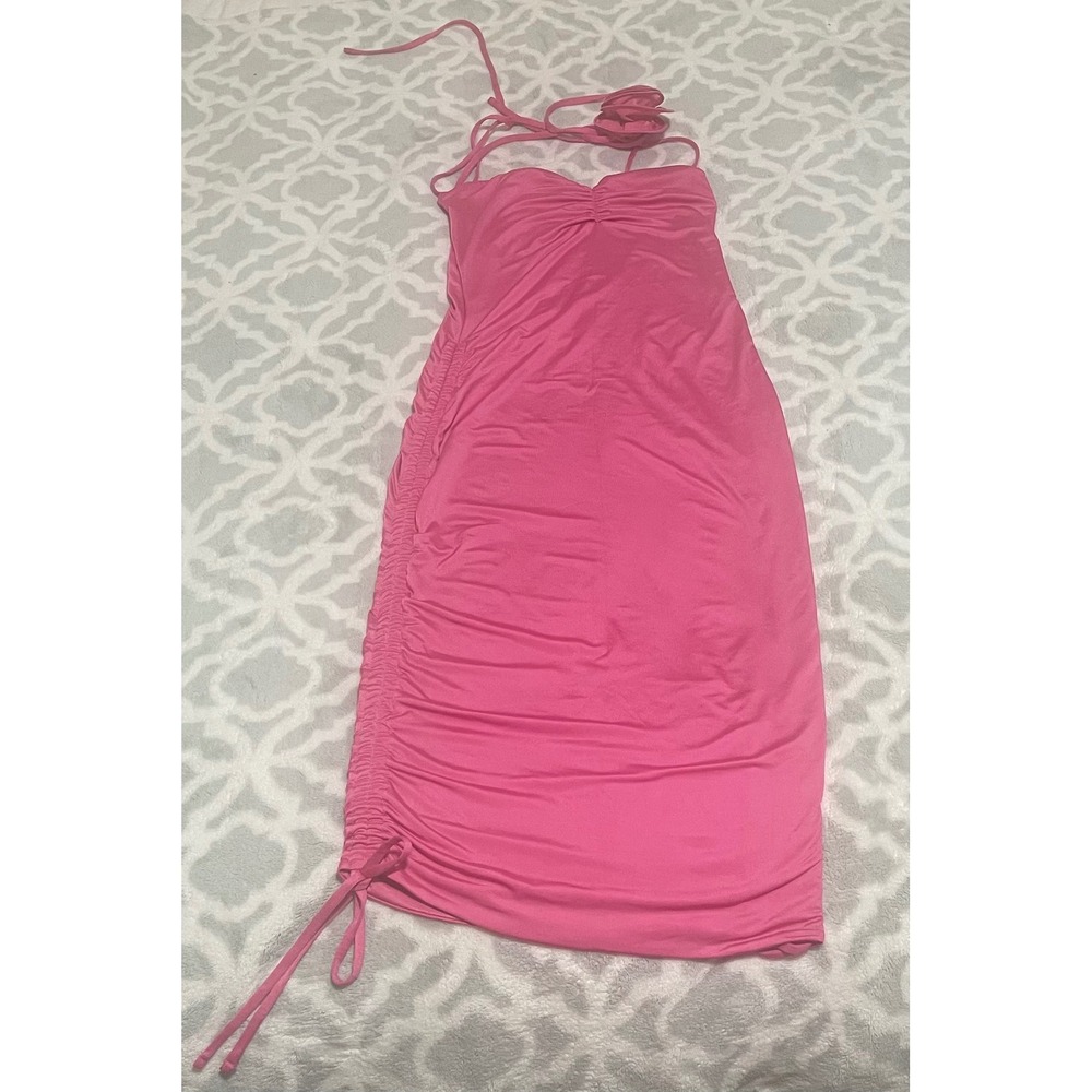 Oh Polly Pink Ruched Drawstring Midi Bodycon Dress UK 8 US‎ 4 Bubblegum